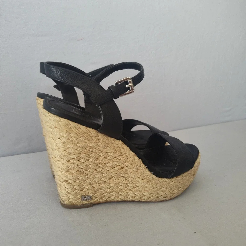 Michael Kors Black Leather Espadrille Wedge Sandals Platform Ankle‎ Strap 7M